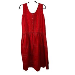 Go Softly Red Sleeveless Button Henley Pleated Midi Dress Pockets Womens Size M
